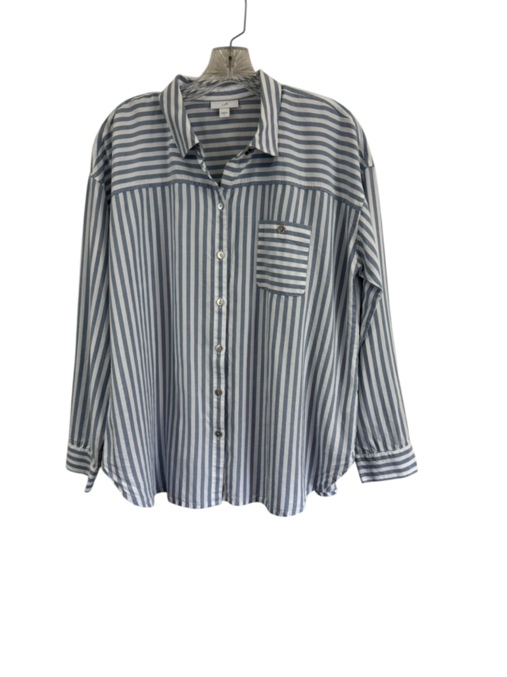 J Jill Shirt Womens Medium White Blue Striped Button Up Long Sleeves Lyocell
